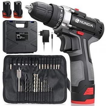 [Versión Mejorada] Taladro Atornillador, HUNDA Taladro inalámbrico con 2 Baterías, 28N.m Par Máx, 10 mm Portabrocas Automatico, 25+1 con Selección, 30 PCS para La Mayoría de La Necesidade Diaria
