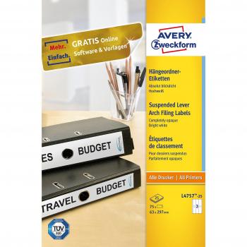 Etiquetas para Hojas de Carpeta Suspendida Avery, 63x297 mm, 25 Páginas, Autoadhesivas, Blancas