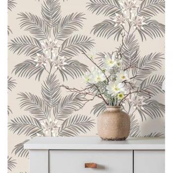 Papel Pintado Tropical de Hojas de Palmera y Flores en Gris y Beige - Rollo de 10 m x 0,53 m - GAULAN 682362