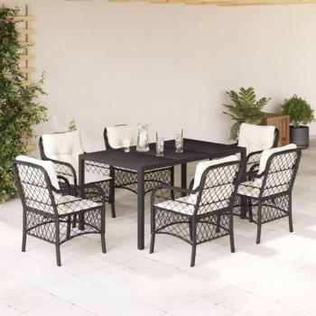 7-Piece Black Poly Rattan Garden Dining Set with Cushions