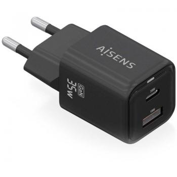 Cargador Gan de Pared Aisens ASCH-35W2P025-BK, 1xUSB Tipo-C, 1xUSB, 35W, Alta Eficiencia Energética, Tecnología AI para Carga R
