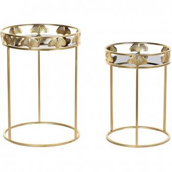 Set de 2 Mesitas Auxiliares de Metal y Cristal con Acabado en Hoja