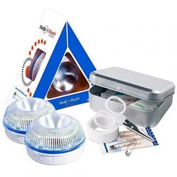 HELP FLASH SMART x 2 - luz emergencia AUTÓNOMA, señal v16 preseñalización peligro+linterna, homologada, DGT, base imantada, activación AUTOMÁTICA, hecho en España, y REGALO, CAJA KIT PRIMEROS AUXILIOS