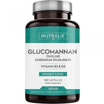 Glucomanano Potente Acción AdelgaPlus - Pastillas Rápidas y Efectivas para Mujer y Hombre - Con Vitaminas D3 B3, Picolinato de Cromo y Colina - 120 Cápsulas Vegetales Nutralie
