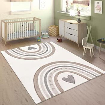 Alfombra Infantil Rectangular 160x230 cm, Altura 16 mm, Corto Pelo, Motivo Arcoíris y Corazón 3D, Beige - Paco Home