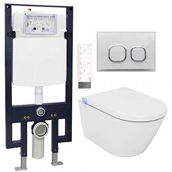 WC Ducha Multifuncional Bernstein Pro+ 1102 con Asiento de Cierre Suave, Elemento de Instalación a Pared G3008 y Placa de Vidrio Blanca