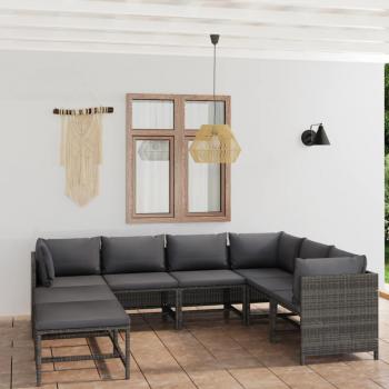 8-Piece Grey Poly Rattan Garden Lounge Set with Cushions