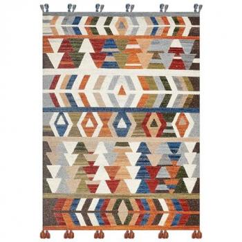 Alfombra Kilim Multicolor de Lana y Algodón 200 x 300 cm Hecha a Mano con Patrón Geométrico y Borlas