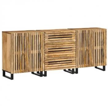 Aparador 3 pzas madera maciza de mango rugosa 60x34x75 cm, Armario de almacenaje, Mueble de almacenaje, aparador de Cocina, bufé Marrón