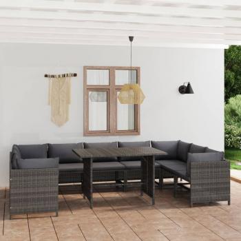 10-Piece Gray Poly Rattan Garden Lounge Set with Cushions