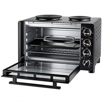 UNOLD 68885 68885-Cocina pequeña Todo en uno, 600-1500 W, 30 L de Volumen, Horno con Parrilla y asador Giratorio con 2 Placas de cocción, Metal, Negro