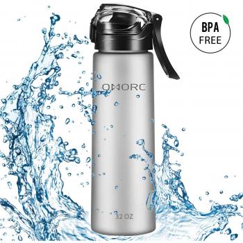 OMORC Botella de Agua, 900ML Plástica Deportes Botella de Agua, sin BPA, sin Fugas, sin Toxina, para Correr, Excursionismo, Mochilero, Camping, Ciclismo, Viajes, Hogar, Oficina etc - Negro