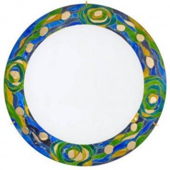 Plafón decorativo SERENA de cristal con 2 bombillas, acabado en oro de 24 quilates y pantalla azul