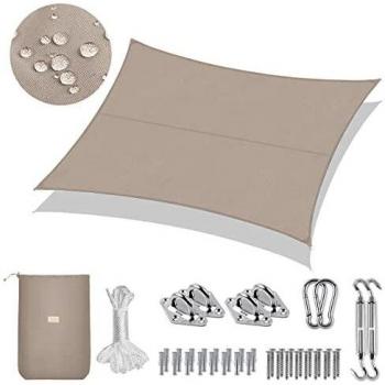 Sekey Toldo Vela de Sombra Impermeable 3x4m Rectangular con Cuerda y Kit de Montaje Protección Rayos UV, Resistente al Desgarro, para Terraza Balcon Patio Exteriores Jardín, Gris Pardo