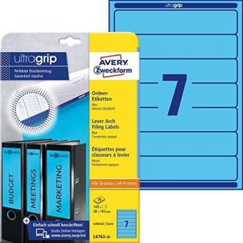 Etiquetas para Ordenadores Avery Zweckform L4763-20, 38 x 192 mm, autoadhesivas, paquete de 140 etiquetas, color azul