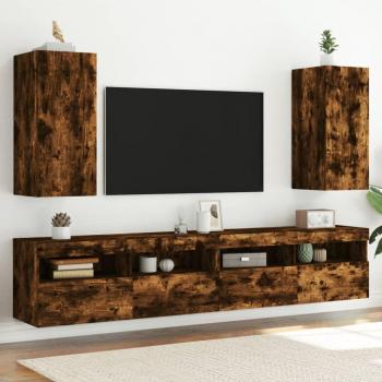 Mueble de TV de pared con luces LED, 2 unidades, dimensiones 30,5x35x70 cm, color roble ahumado, diseño moderno para salón
