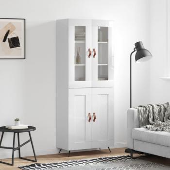 Aparador alto de madera contrachapada blanco brillo 69,5x34x180 cm con 2 puertas de madera, mueble de almacenaje para salón, buffet y armario auxiliar