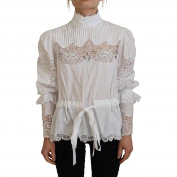 Dolce & Gabbana Elegant White Cotton Lace Trim Turtle Neck Blouse Top, Size XS