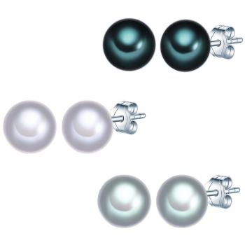 Pendientes de Perlas de Agua Dulce en Plata Esterlina 925 - Set de 3 - Colores Azul Pavo, Gris y Blanco