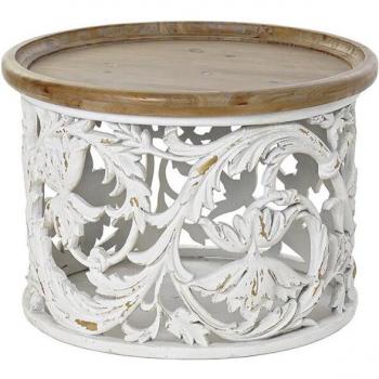 Mesa auxiliar Fíjalo de abeto con diseño oriental y acabado en blanco (63 x 63 x 45 cm)