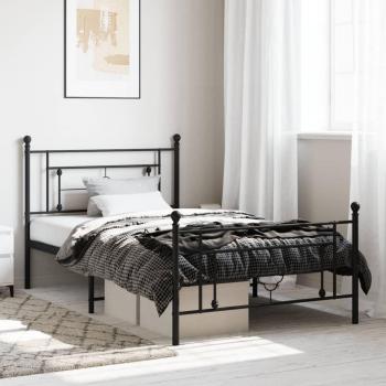 Cama metálica negra con cabecero y estribo, diseño moderno, 107x203cm