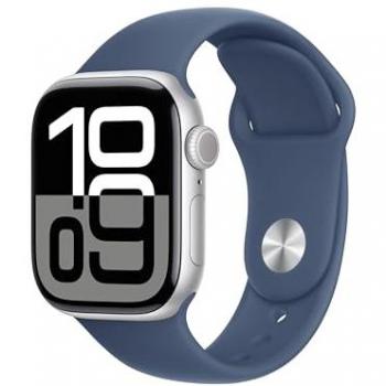 Apple Watch Series 10 GPS 42mm Caja Aluminio Plata con Correa Deportiva Azul Denim S/M, Monitor de entrenamiento, App ECG, Pantalla Retina Siempre Activa