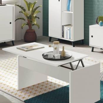 Mesa Centro Elevable Blanca Moderna Kamet Salón Comedor Mueble Superficie 47-58x100x50 Cm
