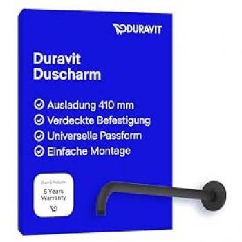 Brazo de ducha Duravit 410 mm, negro mate, curvado, montaje en pared