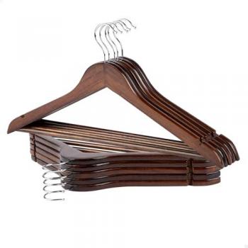 Pack de 10 Perchas de Madera Alta Calidad A, Color Marrón, Ganchos Giratorios 360º, con Muescas y Barra Inferior, para Pantalones, Camisas y Trajes - Max Home