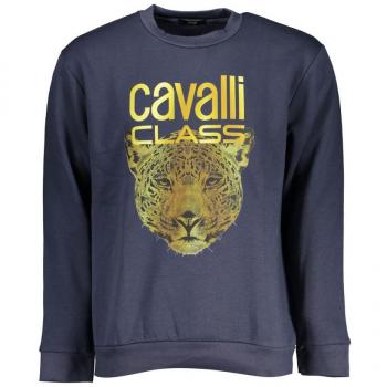 Cavalli Class Blue Cotton Sweatshirt - M, Male, Blue, Printed Crew Neck Fleece Sweatshirt