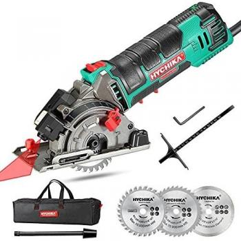 Sierra Circular, HYCHIKA Mini Sierra Circular de Mano 500W 4500RPM, 3 Hojas de Sierra de 30T + 36T+Diamente, Ideal para Cortar Azulejo, Madera, Metal Blando, Plástico