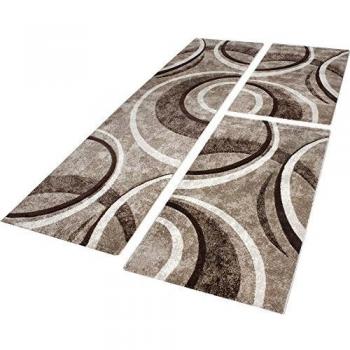 Alfombra para Pie de Cama Paco Home con Ribetes Estampados de Olas en Marrón, Beige y Crema Moteada - Set de 2 (60x110 cm) y 1 (80x300 cm)