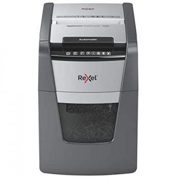Trituradora de Papel Rexel Optimum AutoFeed+ 100X, Corte cruzado, Nivel de ruido 55 dB, Tamaño de corte 22 cm, Capacidad del contenedor 34 L, Color Negro y Gris
