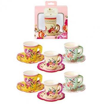 Tazas de Papel Vintage Floral con Platillos - Pack de 12