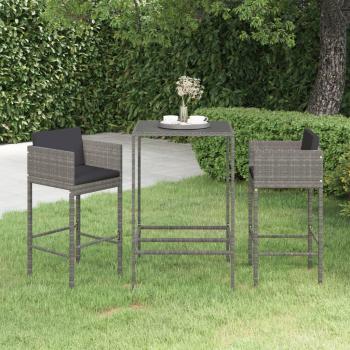 3-Piece Gray Poly Rattan Garden Bar Set with Cushions
