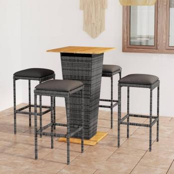 5-Piece Grey Poly Rattan Garden Bar Set with Cushions