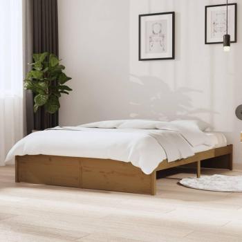 Cama solar luz madera 140x200 cm, estructura de cama de madera maciza en color marrón miel