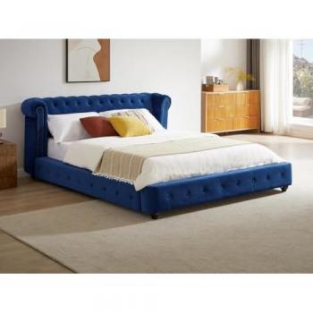 Cama Chesterfield 160 x 200 cm - Terciopelo Azul Real + Colchón TONGERLA