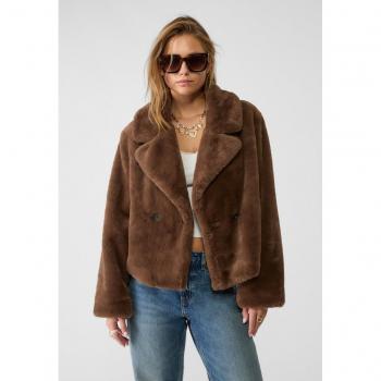 Stradivarius Brown XL Double-breasted Faux Fur Wrap Jacket