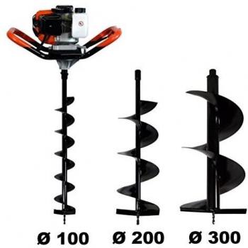 Taladro de Tierra Ahoyador de Gasolina 52 cm³, 3 HP + Juego de 3 Brocas (100, 200 y 300 mm)