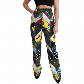 Dolce & Gabbana Multicolor Print High Waist Straight Pants - IT40|S, Wide Trousers, Female, Yellow, Size: XS