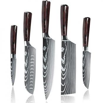 Dfito Juego de 5 Cuchillos de Cocina, Profesional Set de Cuchillos de Cocina Acero Inoxidable, para Cocineros Profesionales y Aficionados | Cuchillo Chef Cortar Fruta Carne Pescado y para Verduras