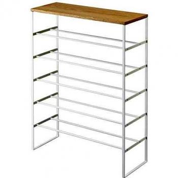 Gabinete de zapatos Yamazaki Tower de 6 niveles con superficie de madera blanca, capacidad para 15-18 pares, diseño estrecho y metálico