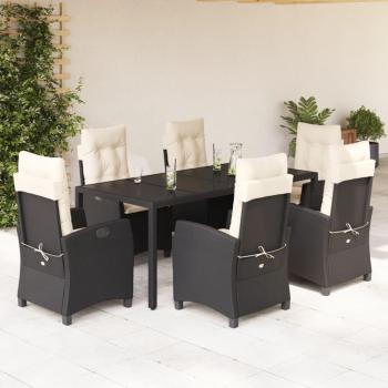 7-Piece Black Poly Rattan Garden Dining Set with Cushions
