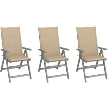 Reclining Garden Chairs Set of 3 with Cushions - Solid Acacia Wood