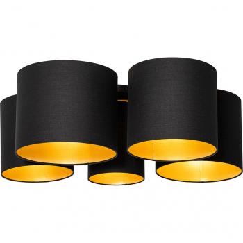 Plafón moderno textil negro interior dorado 5 luces Multidrum, dimensiones 84 x 62 x 30 cm, material de acero, adecuado para LED, potencia máxima de 5 x 40 Watt