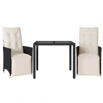 3-Piece Black Poly Rattan Bistro Set with Cushions