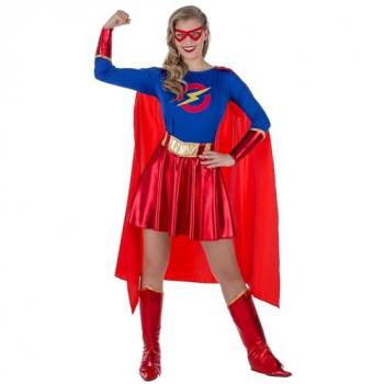 Disfraz de Superheroína Roja y Azul para Mujer, incluye traje ajustado en rojo y azul, capa desmontable, máscara a juego, disponible en tallas S, M y L