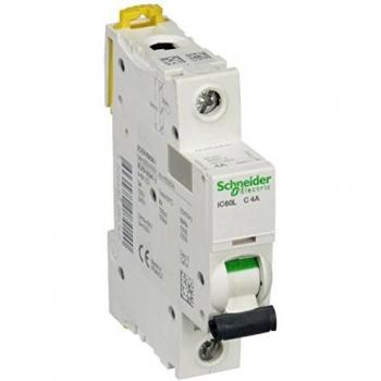 Schneider Electric A9F94104 IC60L Disyuntor, Acti9, Curvatura C, 1P, 85 mm Altura x 18 mm Anchura x 78.5 mm Profundidad, 4 A Corriente, 50/60 Hz, Blanco