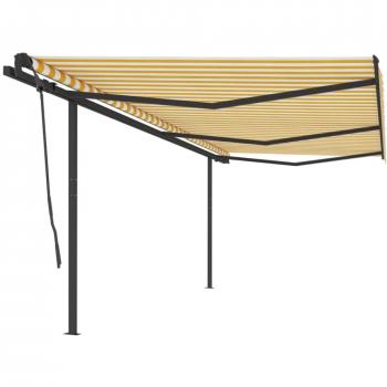 Toldo Retráctil Automático con Postes, 6x3,5 m, Amarillo y Blanco, Resistente al Agua, Protección UV, Ideal para Jardín y Balcón